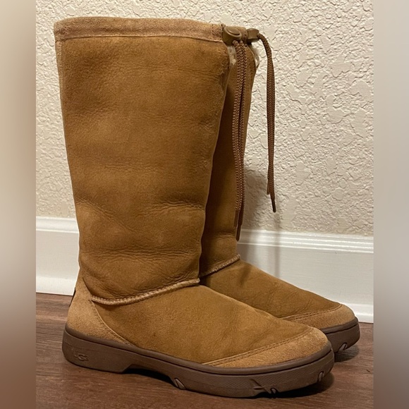 UGG brown leather sheepskin shearling lining tall drawstring boots fold over 9 - Picture 6 of 9